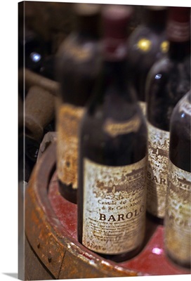 Italy, Piedmont, Colline del Barolo, Langhe, Verduno, Old bottles of Barolo wine