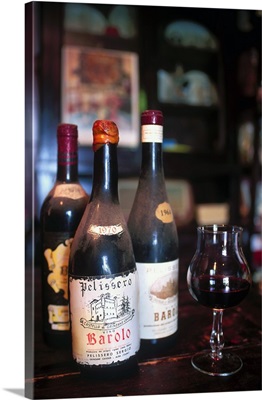 Italy, Piedmont, Grinzane Cavour, Cantina del Conte cellar, bottles of Barolo