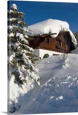Italy, Piedmont, Mountain chalet exactly in the middle of Sestriere ski slope