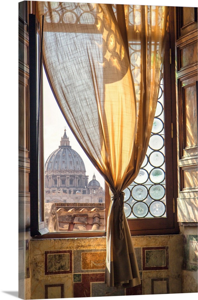 Italy, Rome, Mausoleum of Hadrian, Window in Castel Sant'Angelo, view towards Saint Peter's Basilica.