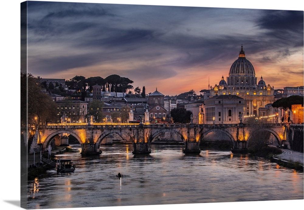 Italy, Rome, St Peter's Basilica, Tiber, Basilica and Ponte Sant'Angelo on the Tiber river.