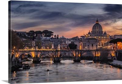 Italy, Rome, St Peter's Basilica And Ponte Sant'angelo On The Tiber River