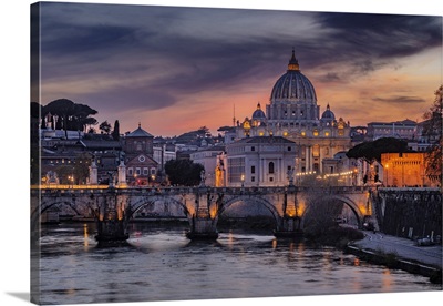 Italy, Rome, St. Peter's Basilica, Basilica And Ponte Sant'angelo On The Tiber River