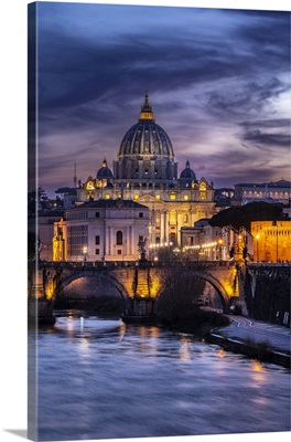 Italy, Rome, St. Peter's Basilica, Basilica And Ponte Sant'angelo On The Tiber River