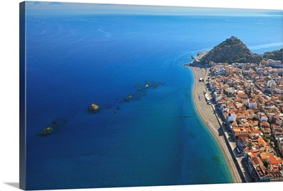 Italy, Sicily, Aerial view of Capo d'Orlando, Monte della Madonna