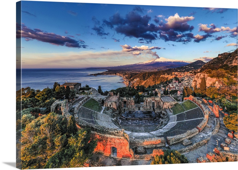 Italy, Sicily, Messina district, Mediterranean sea, Tyrrhenian sea, Taormina, Aerial view of Taormina, the Greek Theater a...