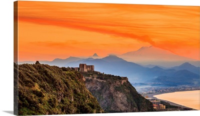Italy, Sicily, Castle Overlooking Ponente Beach With Monti Nebrodi And Mount Etna