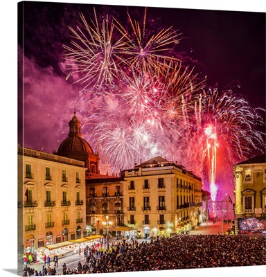 Italy, Sicily, Catania, Festa Di Sant'Agata, Fireworks Over The Universita Square