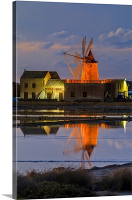 Italy, Sicily, Marsala, Windmills In The Salt Pans Of The Stagnone Di Marsala