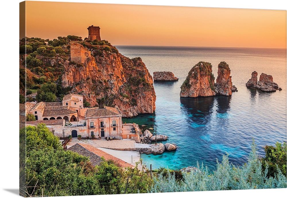 Italy, Sicily, Mediterranean sea, Trapani district, Scopello, Tonnara and faraglioni, sea stacks.