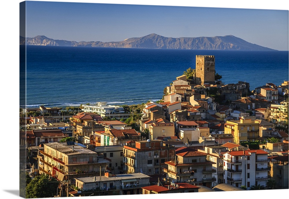 Italy, Sicily, Messina district, Brolo, Brolo Castle, Aeolian islands in background