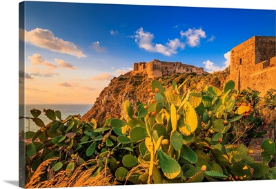 Italy, Sicily, Messina District, Mediterranean Sea, Milazzo, Castle At Sunset