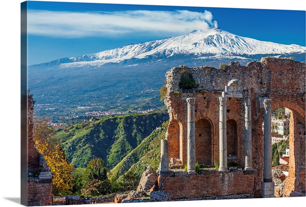Italy, Sicily, Messina district, Taormina, Greek Theatre and Mount Etna in background