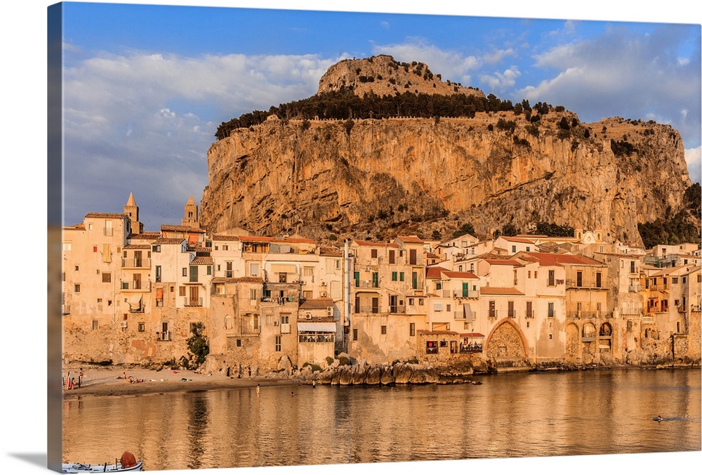 Italy, Sicily, Palermo district, Cefal.., Harbour and old town at sunset
