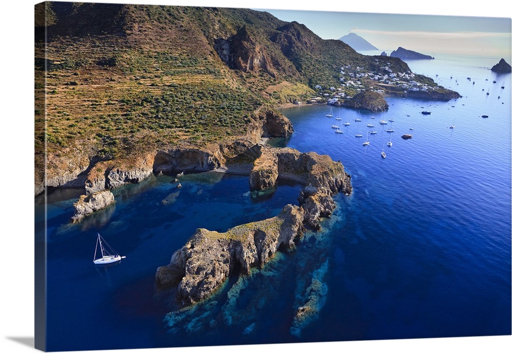 Italy, Sicily, Messina district, Mediterranean sea, Aeolian islands, Lipari islands, Panarea, Aerial view, Cala Junco, Dat...
