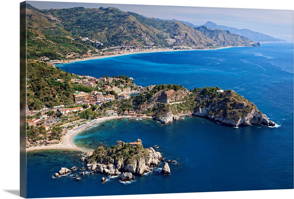 Italy, Sicily, Mediterranean sea, Messina district, Taormina, Aerial view of Isola Bella and Sant'Andrea cape