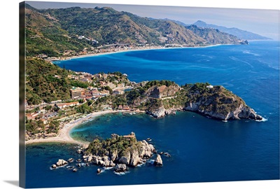 Italy, Sicily, Taormina, Aerial view of Isola Bella and Sant'Andrea cape