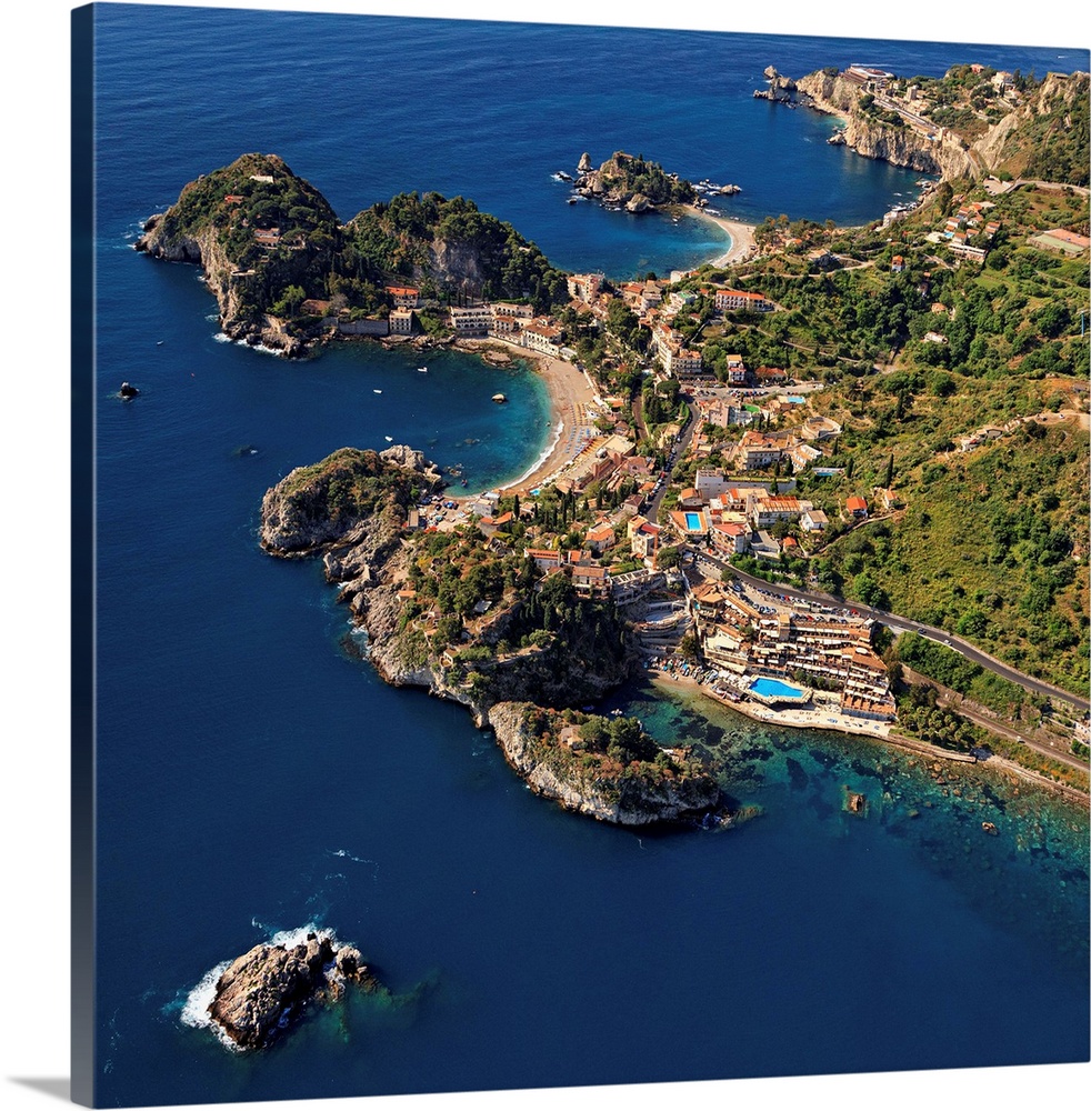 Italy, Sicily, Mediterranean sea, Messina district, Taormina, Aerial view of Spisone bay, Mazzar.. bay, Sant'Andrea bay, I...