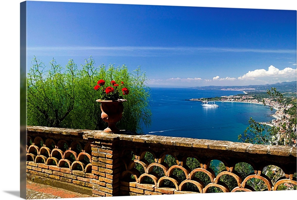 Italy, Sicily, Taormina, Villa Ducale and Naxos beach Wall Art, Canvas