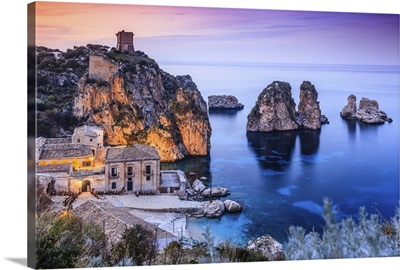 Italy, Sicily, Trapani district, Scopello, Tonnara and faraglioni (stack rocks)