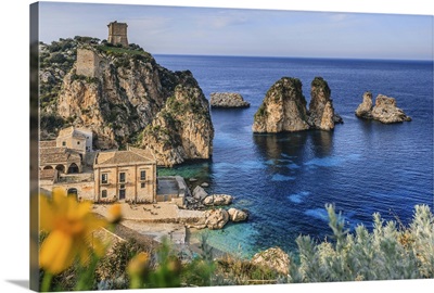 Italy, Sicily, Trapani district, Scopello, Tonnara and faraglioni (stack rocks)