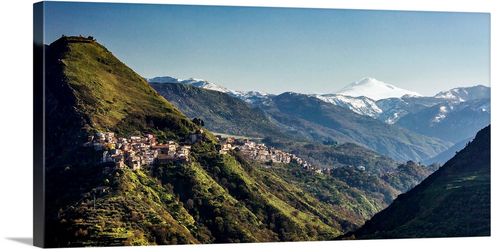 Italy, Sicily, Tripi, Casale locality, the castle and Mount Etna in background.