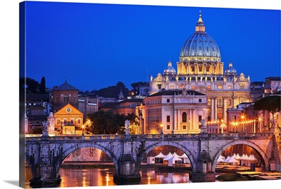 Italy, Tiber, Tevere, Rome, St Peter's Basilica, View of the Basilica at night