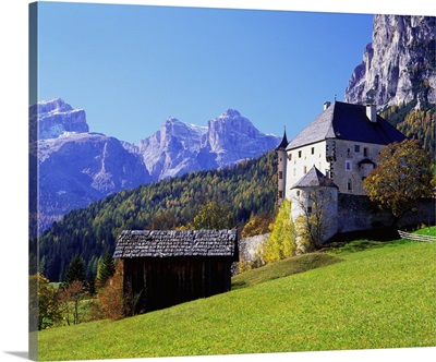 Italy, Trentino-Alto Adige, Alps, Dolomites, Colz castle and Sella mountains