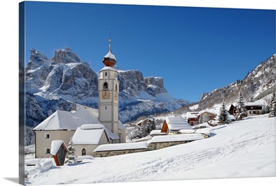 Italy, Trentino-Alto Adige, South Tyrol, Colfosco, Church towards Sella Group