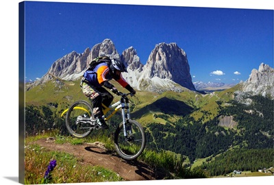Italy, Trentino, Val di Fassa, Canazei, Mountain bike at Belvedere