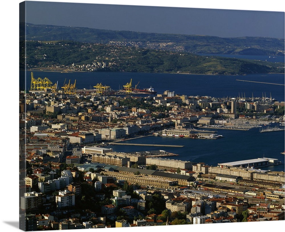 Italy, Trieste, panorama towards city, harbor and Istria