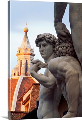 Italy, Tuscany, Florence, David (Michelangelo) and Duomo's dome in background