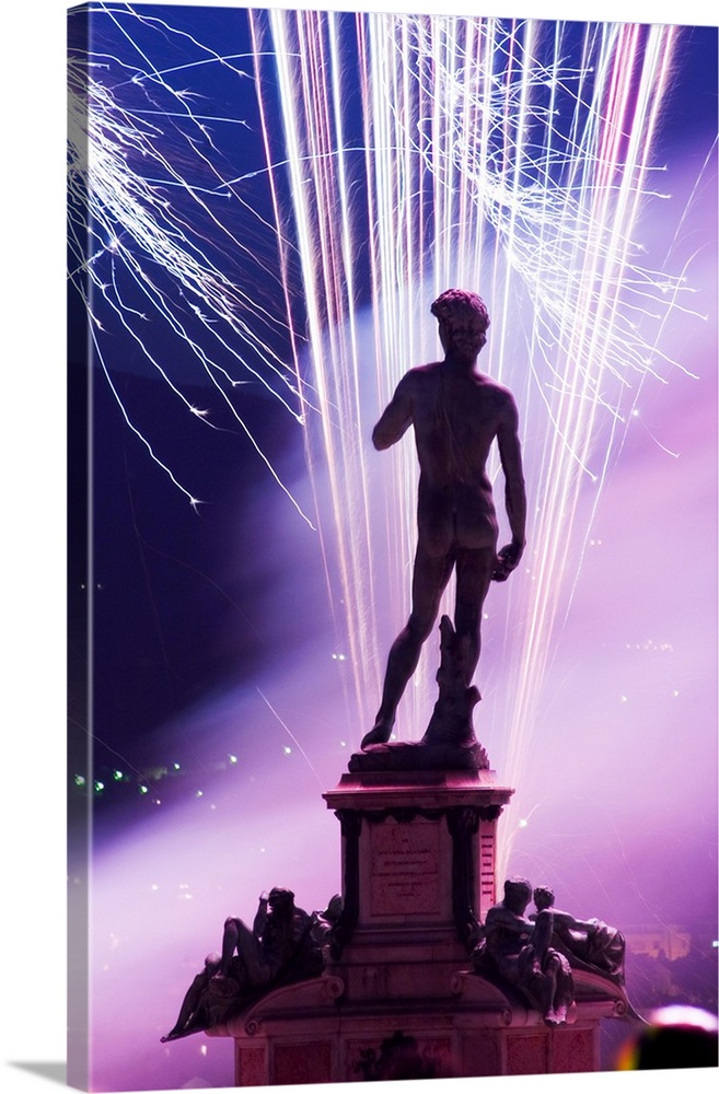 Italy, Tuscany, Florence, Michelangelo's David statue at Piazzale Michelangelo under fireworks