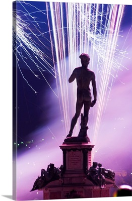 Italy, Tuscany, Florence, Michelangelo's David statue under fireworks