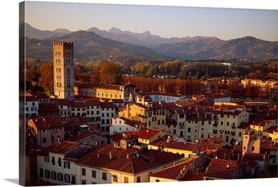 Italy, Tuscany, Lucca, View across the city at sunset