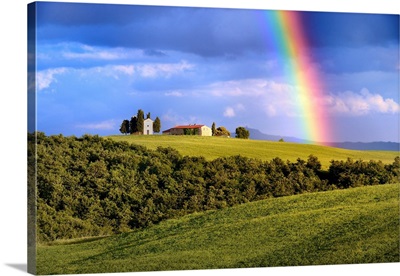 Italy, Tuscany, Orcia Valley, The Chapel Of Vitaleta With A Rainbow Over It