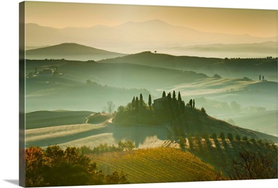 Italy, Tuscany, San Quirico d'Orcia, Rolling landscape at dawn