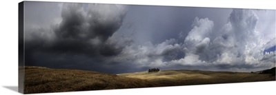 Italy, Tuscany, San Quirico d'Orcia, Storm over group of cypress trees
