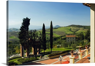 Italy, Tuscany, view from a terrace of a bedroom at Fonteverde Terme