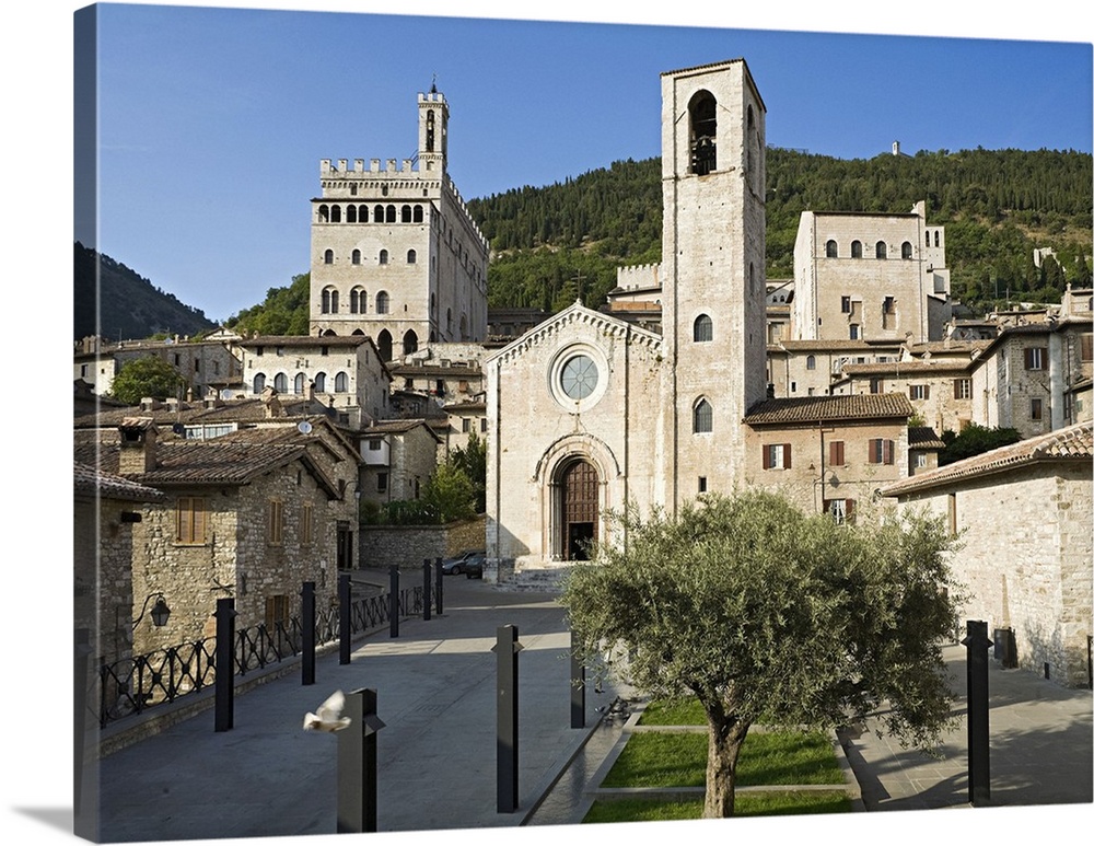 Italy, Umbria, Gubbio, Mediterranean area, Perugia district, Travel Destination, View of Piazza S.Giovanni with S.Giovanni...