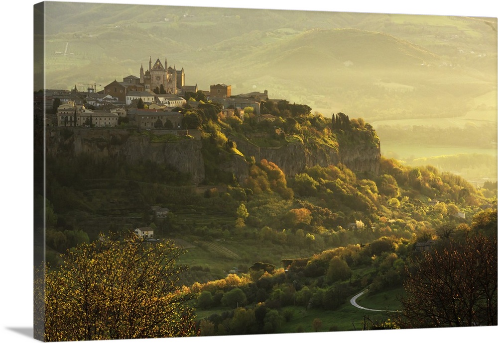 Italy, Umbria, Terni district, Orvieto, Cathedral and the surrounding area at sunrise.