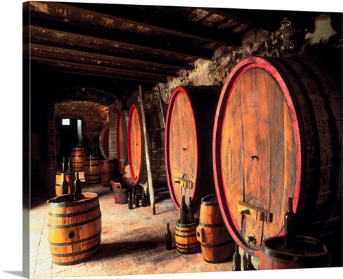 Italy, Umbria, Wine cellar, Citta della Pieve, Barrel in wine cellar