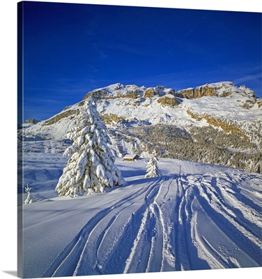 Italy, Veneto, Alps, Dolomites, Sellaronda, Ski slope at Cherz mountain