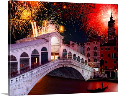 Italy, Venice, Canal Grande and Rialto bridge, fireworks