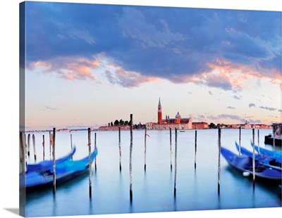 Italy, Venice, Gondolas On The Waterfront Of Saint Mark Basin With San Giorgio