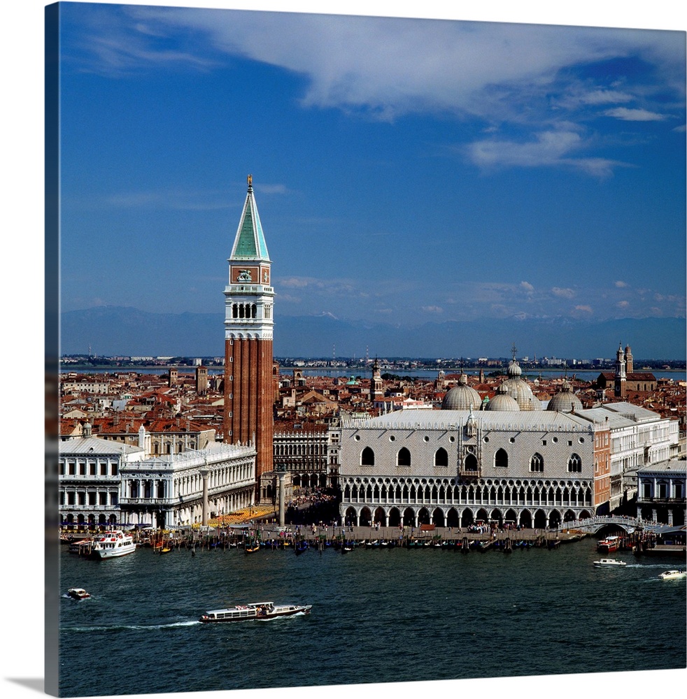Italy, Venice, Piazzetta, bell tower of Basilica di San Marco, Alps in background