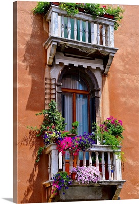 Italy, Venice, window with colorful window boxes.