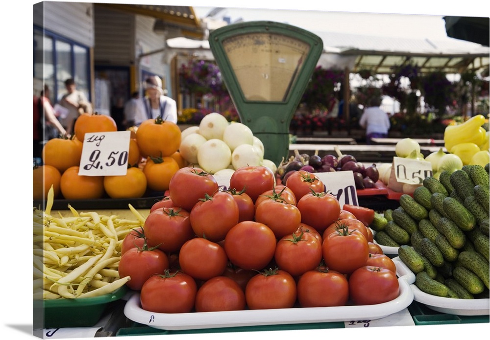 Latvia, Riga, Central Market, fruit and vegetable stall, outdoors