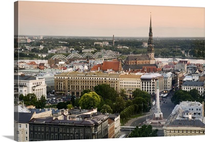 Latvia, Riga, Cityscape with view of the Freedom Monument and St Peter's Church