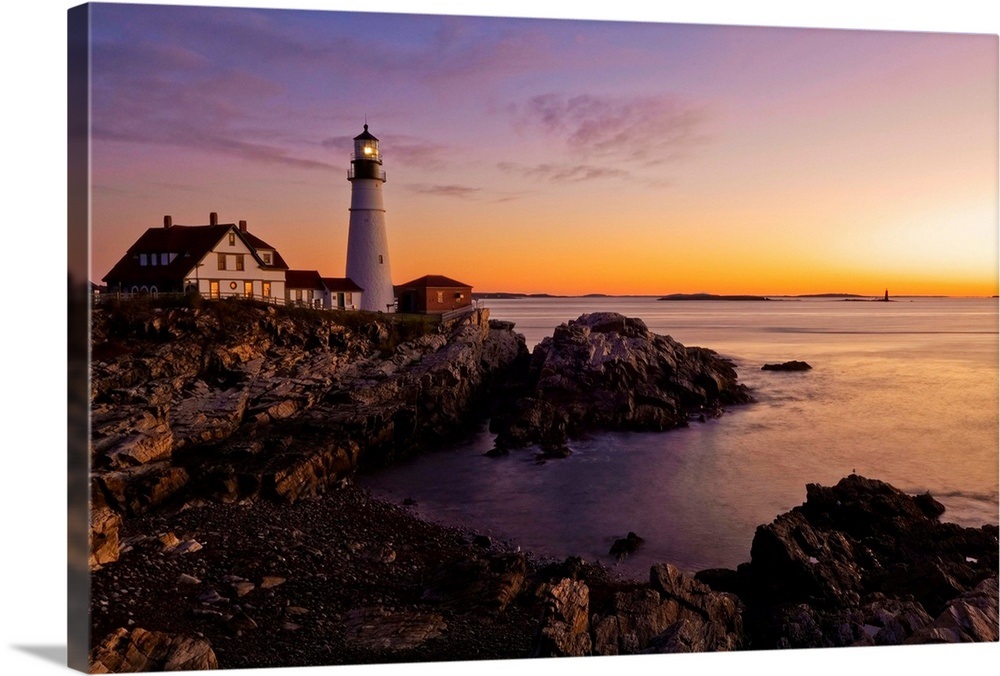 Maine, Portland, Atlantic ocean, New England, The Portland Head Lighthouse at dawn Wall Art